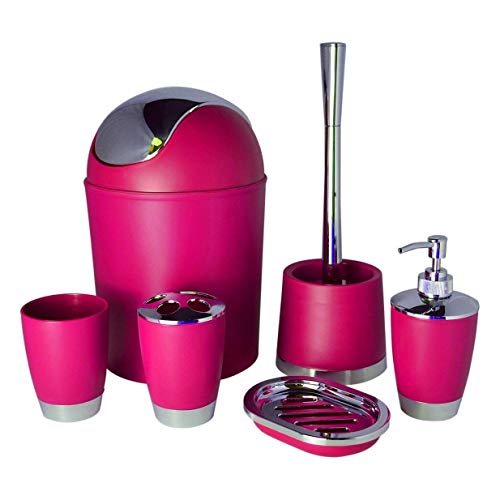 Bathlux, 6-teiliges Badezimmer-Zubehör-Set, modernes Design, mit WC-Bürste, Abfalleimer, Seifenschale, Zahnbürstenhalter, Seifenspender, Zahnputzbecher rose von Fingey