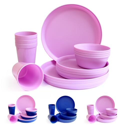 Fingey Kunststoff-Geschirr-Set, 16-teilig, wiederverwendbar, leicht, Teller, Becher, Schüsseln, Geschirr, mikrowellengeeignet, BPA-frei, spülmaschinenfest, Service für 4 Personen (lila) von Fingey