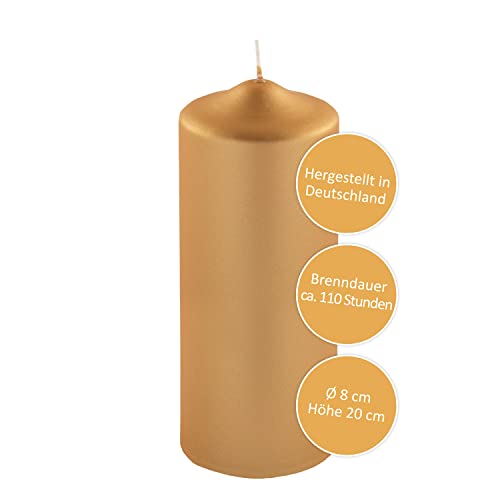 FINK Stumpenkerze gold für Windlichte Laternen Leuchter - edle Tischdekoration Silvester 2022 - raucharm duftneutral - H 20 D 8 cm - RAL Qualität - Brenndauer ca. 110 Std. von Fink