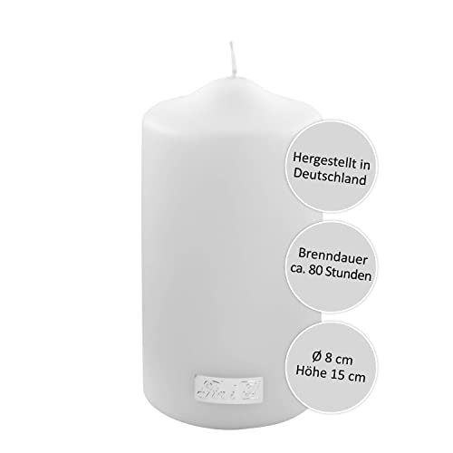 FINK weiße Kerzen - Tisch Dekoration Kommunion Firmung Hochzeit Geburtstag - rußarm - lange Brenndauer ca 80 Stunden - Höhe 15 D 8 cm von Fink