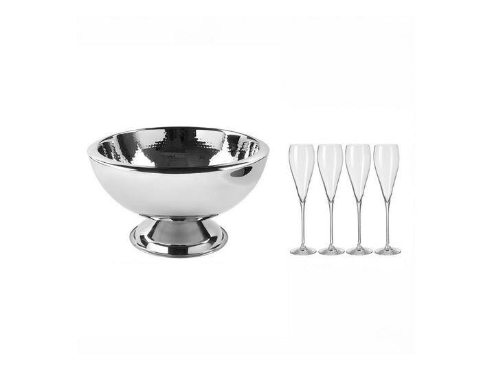 Fink Cocktail-Set KALAS - Punchbowl + 4erSet Champagnergläser - silber - Edelstahl/ Glas, (Barset bestehend aus Punchbowl und 4 Champagner-Gläsern, 2er Set) von Fink