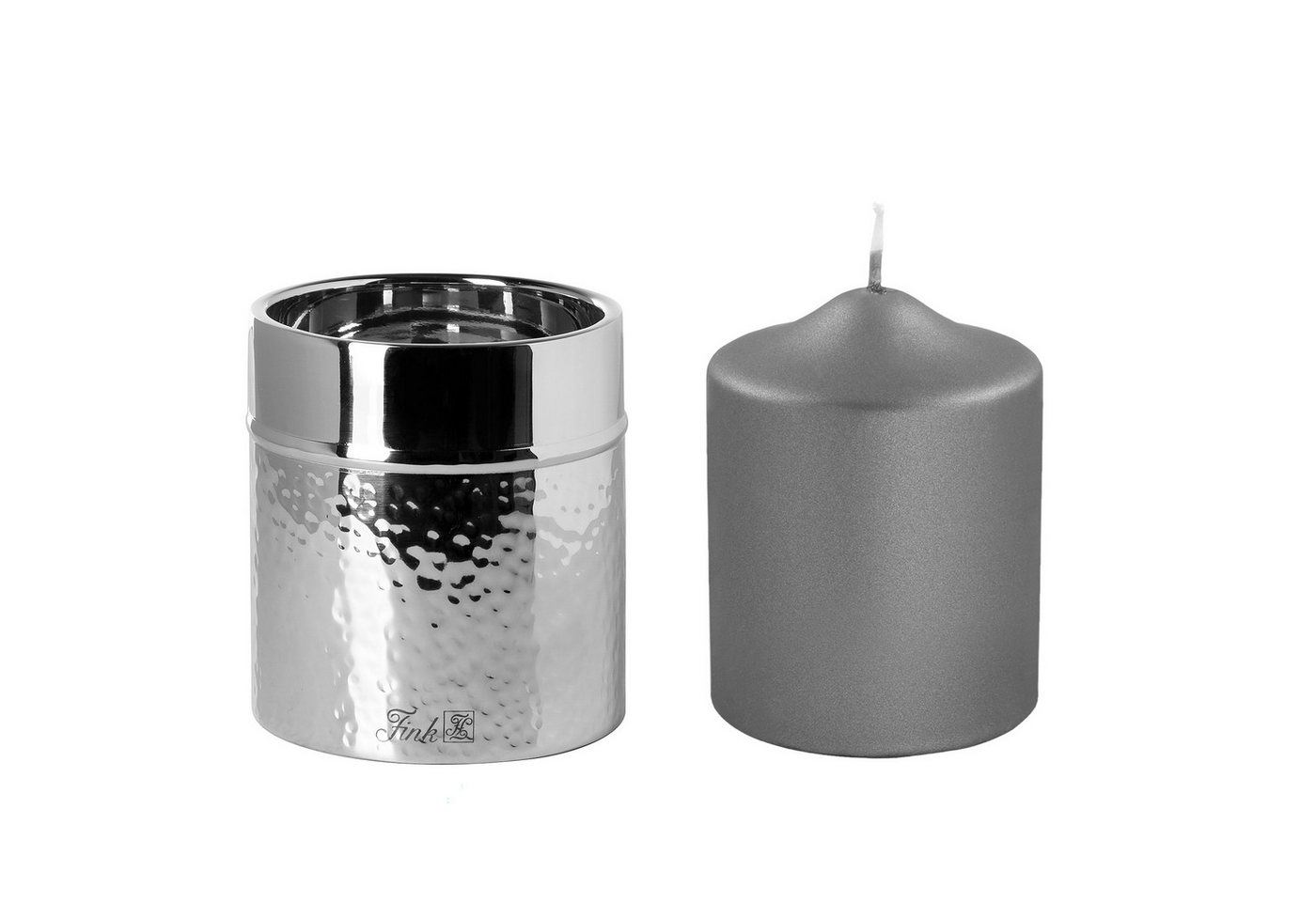 Fink Kerzenleuchter NASSAU - Kerzenhalter + Kerze aus Edelstahl/ Paraffin - silber/ grau (Stumpenkerzenhalter mit Kerze, 2er Set), Stumpenkerzenhalter - Windlicht - Kerzenlicht - Geschenkset - Deko von Fink