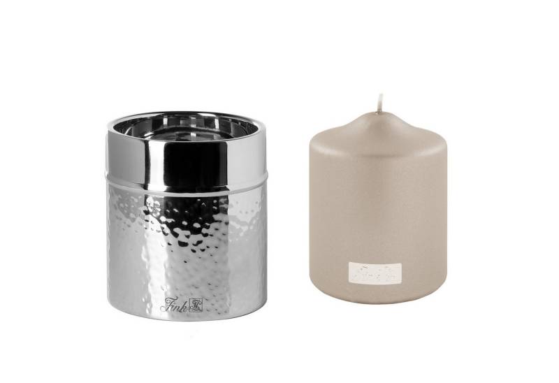 Fink Kerzenleuchter NASSAU - Kerzenhalter + Kerze aus Edelstahl/ Paraffin - silber/ stein (Stumpenkerzenhalter mit Kerze, 2er Set), Stumpenkerzenhalter - Windlicht - Kerzenlicht - Geschenkset - Deko von Fink