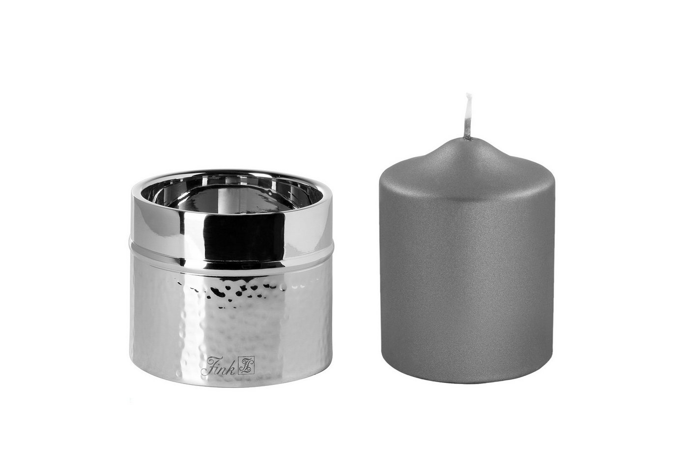 Fink Kerzenleuchter NASSAU - Stumpenkerzenhalter + Kerze Edelstahl/Paraffin silber/grau (2er Set, 1 St., 2 Stück), Kerzenhalter - Windlicht - Kerzenlicht - Geschenkset - Dekoration von Fink