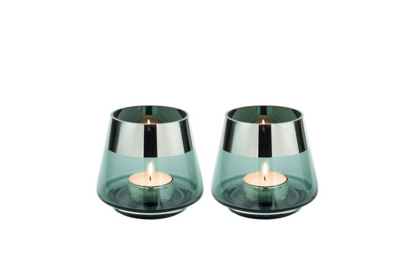 Fink Teelichthalter JONA Teelichthalter - H.9cm x D.11cm - Glas - silberfarben/türkis (Teelichtglas - Teelichtkerzenhalter), Windlicht Kerzenhalter: Eleganter Kerzenleuchter für Stumpenkerzen von Fink
