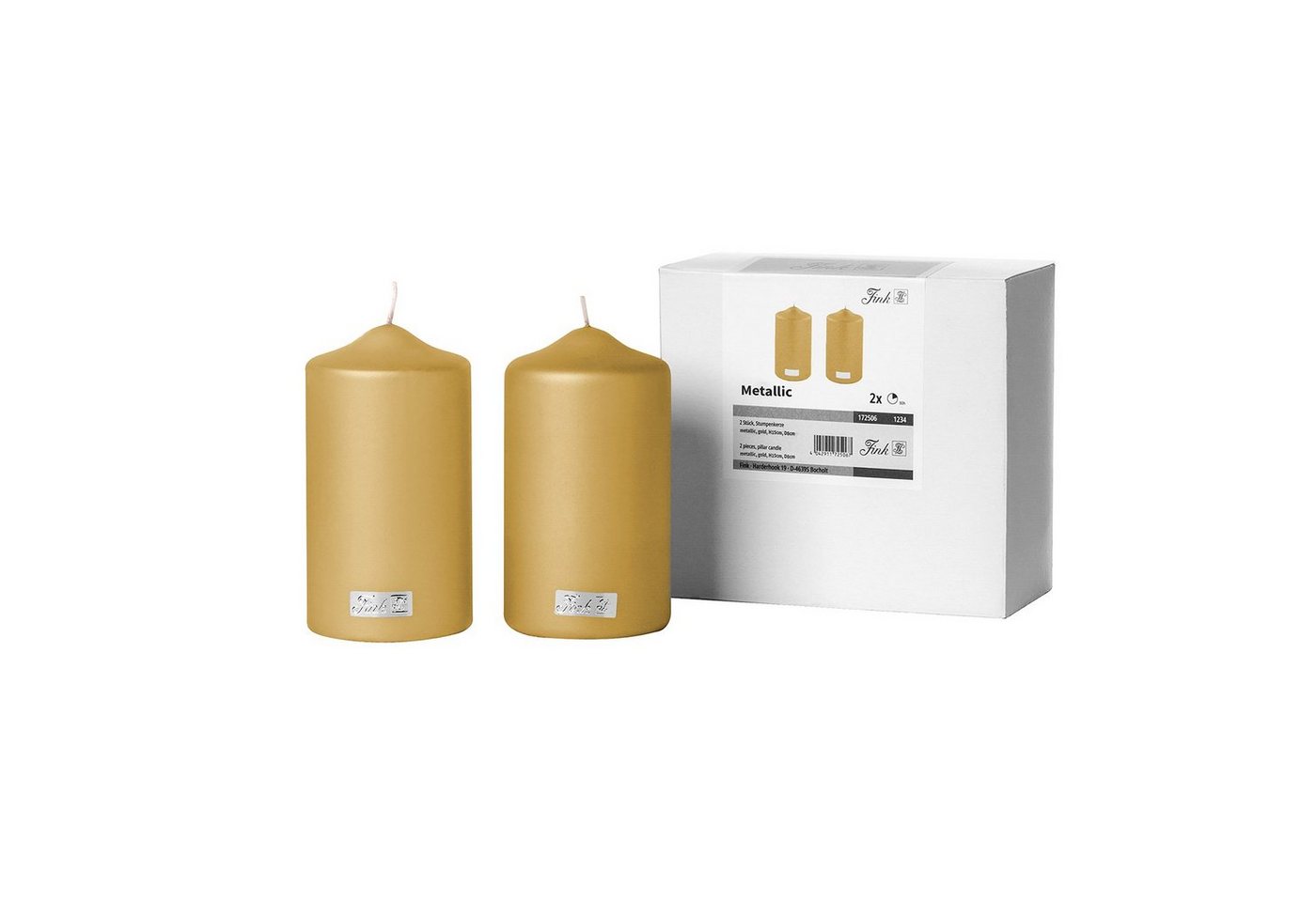 Fink Stumpenkerze CANDLE 2er Set Stumpenkerzen - gold - Paraffin - H. 15cm x B. 8cm (Dicke Kerzen - Großkerzen), Säulenkerzen Blockkerzen Zylinderkerzen - Elegante Standkerzen von Fink
