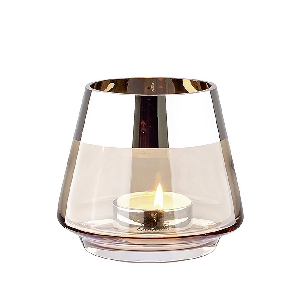 Fink Teelichthalter JONA Teelichthalter - H.13cm x D.15cm - Glas/Silberfolie - sand/silber (Teelichtglas - Teelichtkerzenhalter), Windlicht Kerzenhalter: Eleganter Kerzenleuchter für Stumpenkerzen von Fink