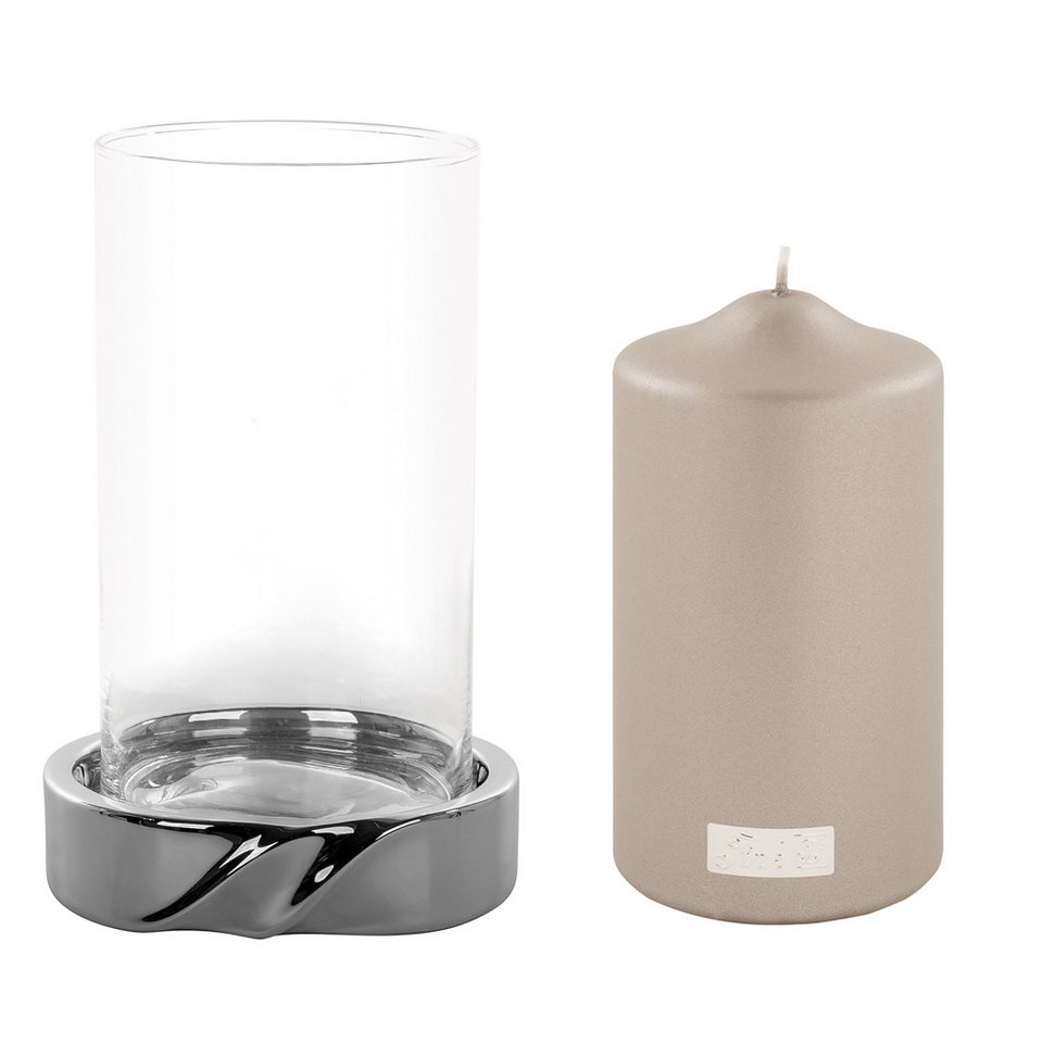 Fink Windlicht LE DECOR - Windlicht + Kerze aus Edelstahl/Glas/Paraffin silber/stein (Windlicht mit Glas, 2er Set), Stumpenkerzenhalter - Kerzenlicht - Geschenkset - Dekoration Leuchter von Fink