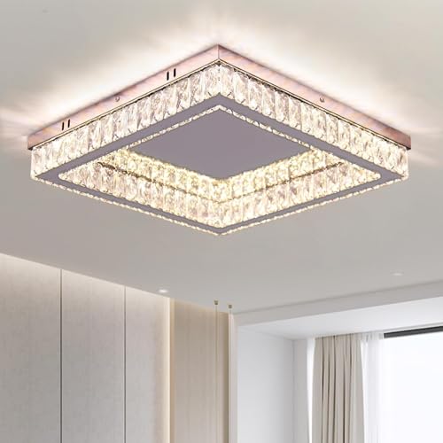 Finktonglan Dimmbare 17,7 Zoll Quadrat Crystal LED Deckenleuchten Modern 2 * 28 Watt Flush Mount Deckenleuchte mit einstellbarer Helligkeit und CCT für Wohnzimmer Esszimmer, Fernbedienung enthalten von Finktonglan