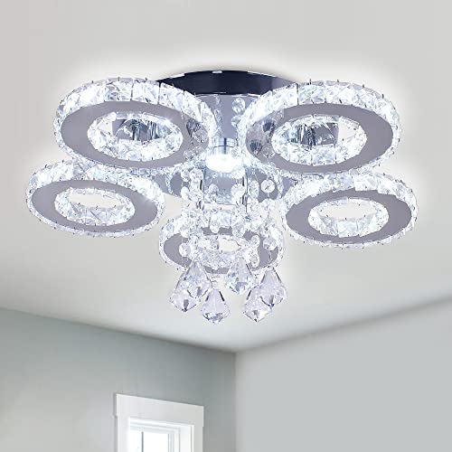 Finktonglan Kristall LED Deckenleuchte 5 Ringe Moderne Kronleuchter Edelstahl Pendelleuchte Leuchte für Foyer Wohnzimmer Esszimmer Schlafzimmer (Kaltes Weiß) von Finktonglan