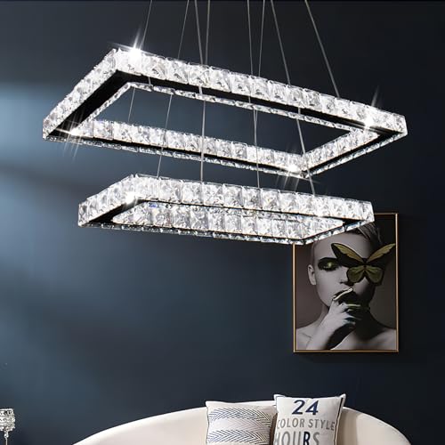 Finktonglan Kronleuchter, Moderner rechteckiger Kristallleuchter LED 2 Ringe Deckenleuchte Edelstahl Pendelleuchte für Esszimmer Wohnzimmer Schlafzimmer (6500K Kaltes Weiß) von Finktonglan