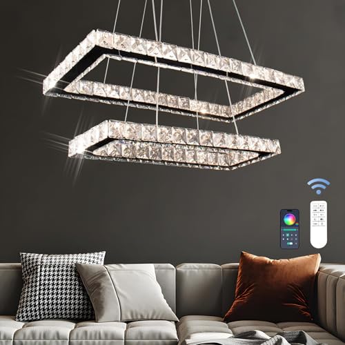 Finktonglan Moderne Kristall-Kronleuchter mit Fernbedienung, 20,5'' Dimmbare 2 Ringe Rechteckige LED-Kristall-Kronleuchter, Insel Licht Pendelleuchte für Küche Esszimmer Wohnzimmer (mehrfarbig) von Finktonglan