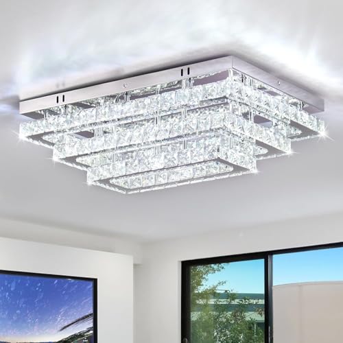 Finktonglan Moderne Kristall LED Deckenleuchte 50 cm Rechteckige Flush Mount Kronleuchter 3-Tiers Edelstahl Deckenleuchten für Wohnzimmer Esszimmer (6500K Kaltweiß) von Finktonglan