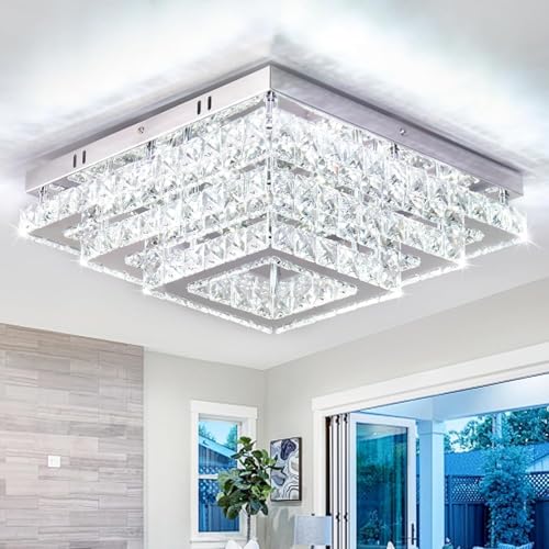Finktonglan Quadratische Kristall LED-Deckenleuchten, 38cm Moderne Kronleuchter Deckenleuchten 3-Tiers Flush Mount Deckenleuchte für Wohnzimmer Esszimmer (6500K Kaltweiß) von Finktonglan