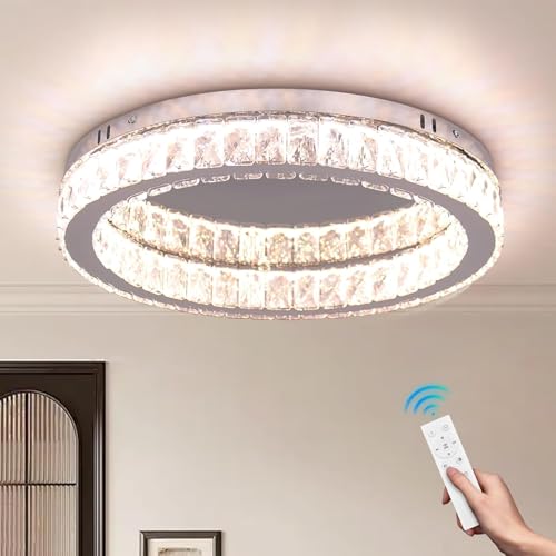 Fintonglan 17,7“ Dimmbare Kristall LED Deckenleuchten Moderne Runde Kronleuchter Deckenleuchten Leuchten Low Profile Deckenleuchte mit Fernbedienung für Wohnzimmer Esszimmer Küche 48W von Finktonglan
