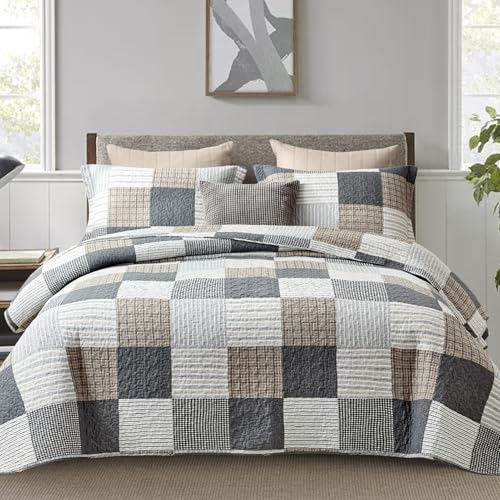 Finlonte Queen-Size-Steppdecke, 100% Baumwolle, Queen-Size-Bettwäsche-Set, Grau, Schwarz, Braun, Patchwork-Plaid, wendbar, leicht, Bettwäsche-Set für alle Jahreszeiten, 3-teilig von Finlonte