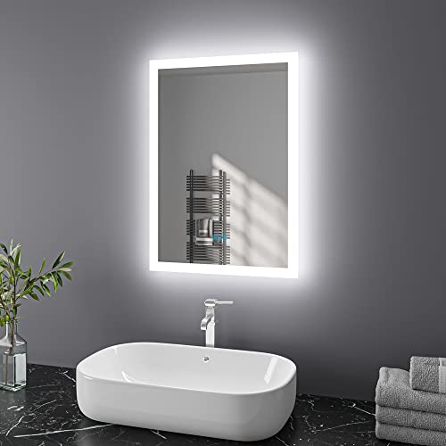 Finmrys Badspiegel mit Beleuchtung 50x70 cm LED Spiegel Bad mit Touch-Schalter Beschlagfrei Badezimmerspiegel Dimmbar Beleuchtet Kaltweiß Warmweiß Horizontal Vertikal（19.69x27.56 Inch） von Finmrys