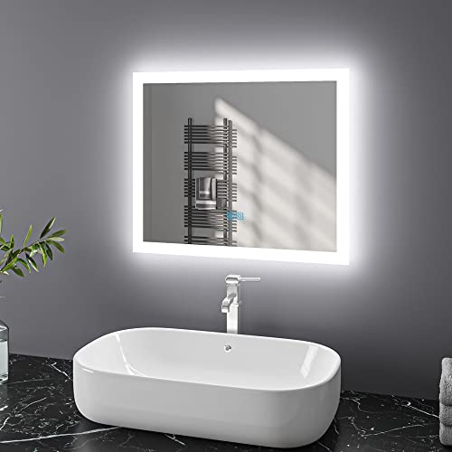 Finmrys Badspiegel mit Beleuchtung 60x50 cm LED Spiegel Bad mit Touch-Schalter Beschlagfrei Badezimmerspiegel Dimmbar Beleuchtet Kaltweiß Warmweiß Horizontal Vertikal（23.62x19.69 Inch） von Finmrys