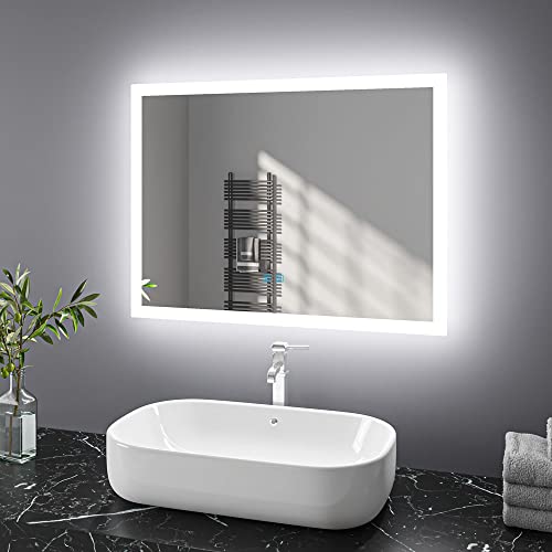 Finmrys Badspiegel mit Beleuchtung 80x60 cm LED Spiegel Bad mit Touch-Schalter Beschlagfrei Badezimmerspiegel Dimmbar Beleuchtet Kaltweiß Warmweiß Horizontal Vertikal（31.5x23.62 Inch） von Finmrys