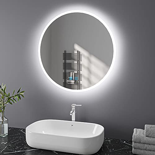 Badspiegel mit Beleuchtung Rund 60 cm LED Spiegel Bad mit Touch-Schalter Beschlagfrei Badezimmerspiegel Dimmbar Beleuchtet Kaltweiß Warmweiß 24 inch von Finmrys