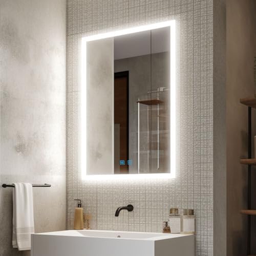Badspiegel mit Beleuchtung dimmbar Kaltweiß Warmweiß mit Speicherfunktion 50x70 70x50 cm LED Spiegel Bad mit Touchschalter Beschlagfrei Badezimmerspiegel Horizontal Vertikal von Finmrys