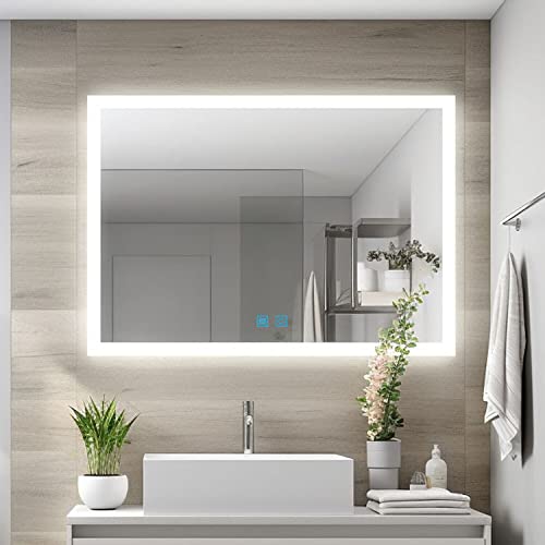 Badspiegel mit Beleuchtung dimmbar Kaltweiß Warmweiß mit Speicherfunktion 80x60 60x80 cm LED Spiegel Bad mit Touchschalter Beschlagfrei Badezimmerspiegel Horizontal Vertikal von Finmrys