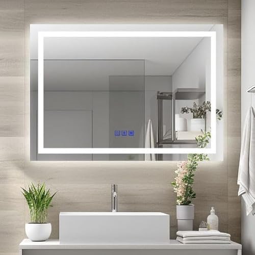 Finmrys Badspiegel mit Beleuchtung 80x60 cm mit Bluetooth-Lautsprecher und Touch-Schalter Beschlagfrei Badezimmerspiegel Dimmbar Beleuchtet Kaltweiß Warmweiß Horizontal Vertikal（31.5x23.62 Inch） von Finmrys