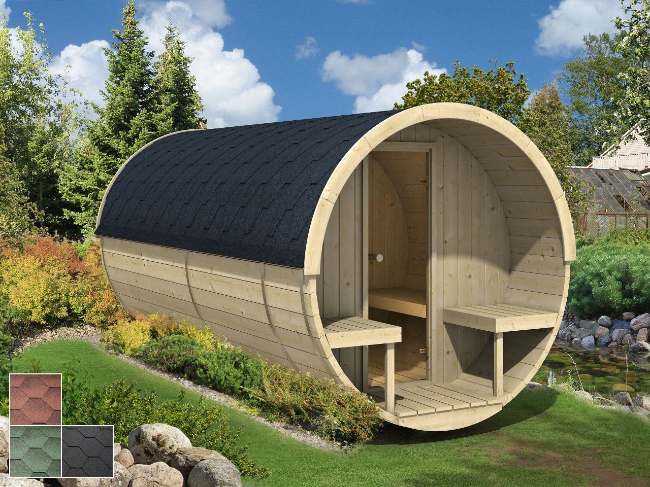 Finn Art Blockhaus Fasssauna Jori 1, 42 mm, Schindeln grün, Outdoor Gartensauna, ohne Ofen mit Vorraum, Bausatz von Finn Art Blockhaus