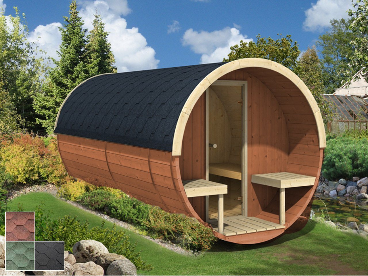 Finn Art Blockhaus Fasssauna Jori 5, Schindeln rot, Outdoor Gartensauna, mit Holz Ofen mit Vorraum, Bausa von Finn Art Blockhaus