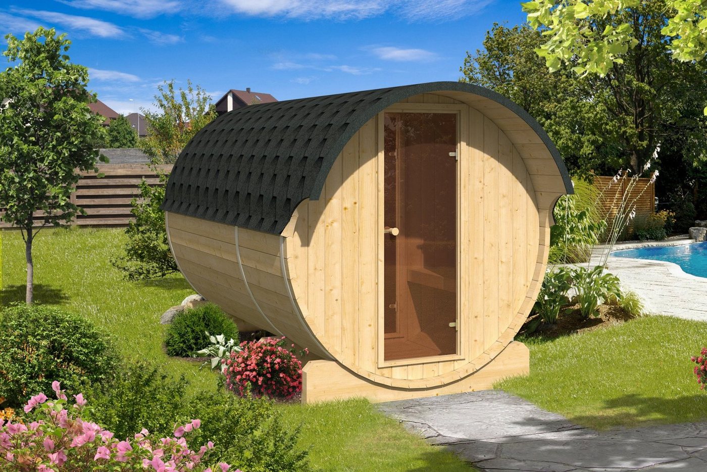 Finn Art Blockhaus Fasssauna Kari 1, 42 mm, Schindeln grün, Outdoor Gartensauna, ohne Ofen mit Vorraum, Bausatz von Finn Art Blockhaus