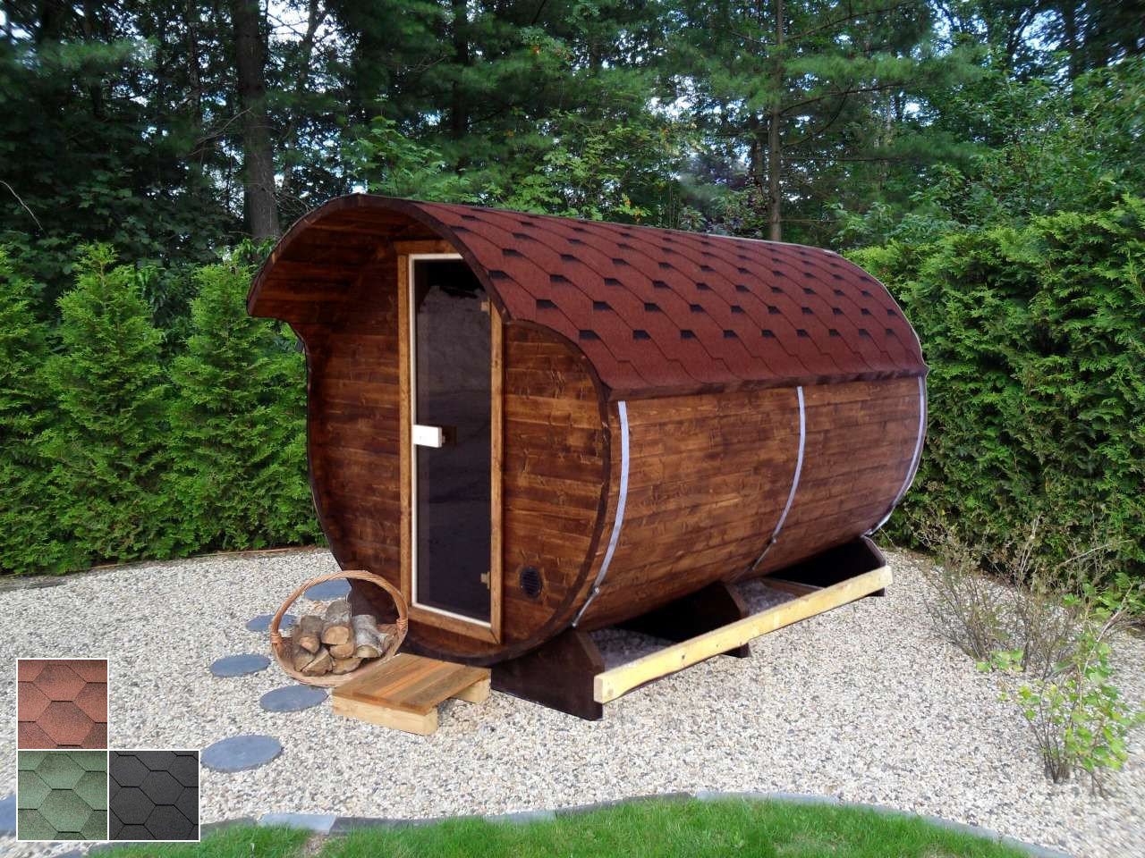 Finn Art Blockhaus Fasssauna Kari 5, Schindeln rot, Outdoor Gartensauna, mit Holz Ofen mit Vorraum, Bausa von Finn Art Blockhaus