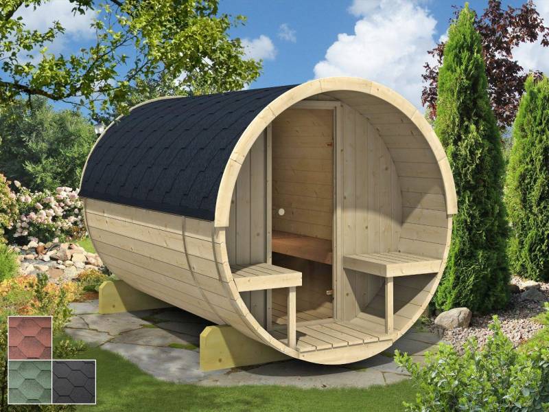 Finn Art Blockhaus Fasssauna Lasse 1, 42 mm, Schindeln schwarz, Outdoor Gartensauna, mit Holz Ofen, Bausatz von Finn Art Blockhaus