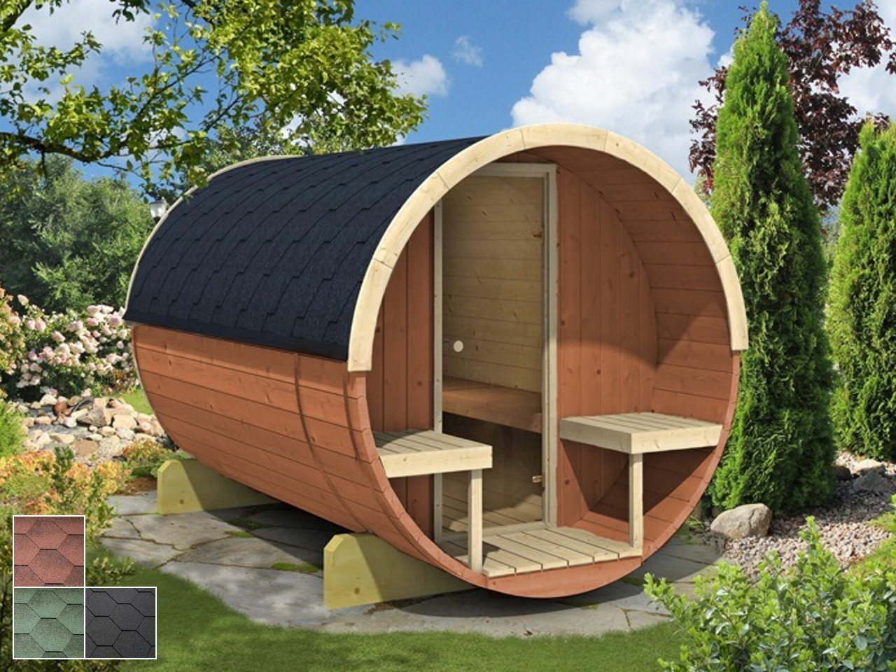 Finn Art Blockhaus Fasssauna Lasse 5, 42 mm, Schindeln grün, Outdoor Gartensauna, mit Holz Ofen, Bausatz von Finn Art Blockhaus