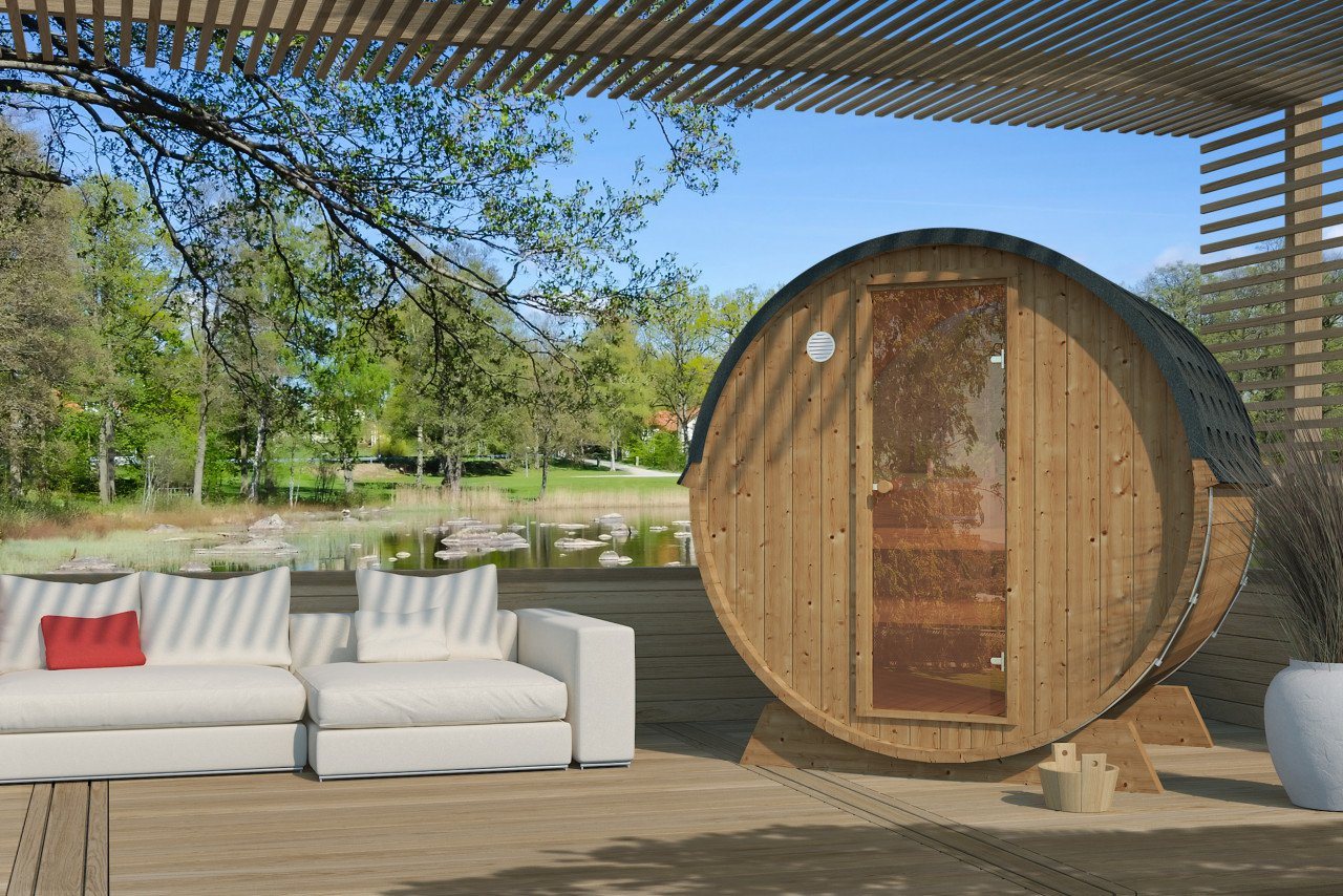 Finn Art Blockhaus Fasssauna Luka 4, 42 mm, Schindeln grün, Outdoor Gartensauna, ohne Ofen, Bausatz von Finn Art Blockhaus