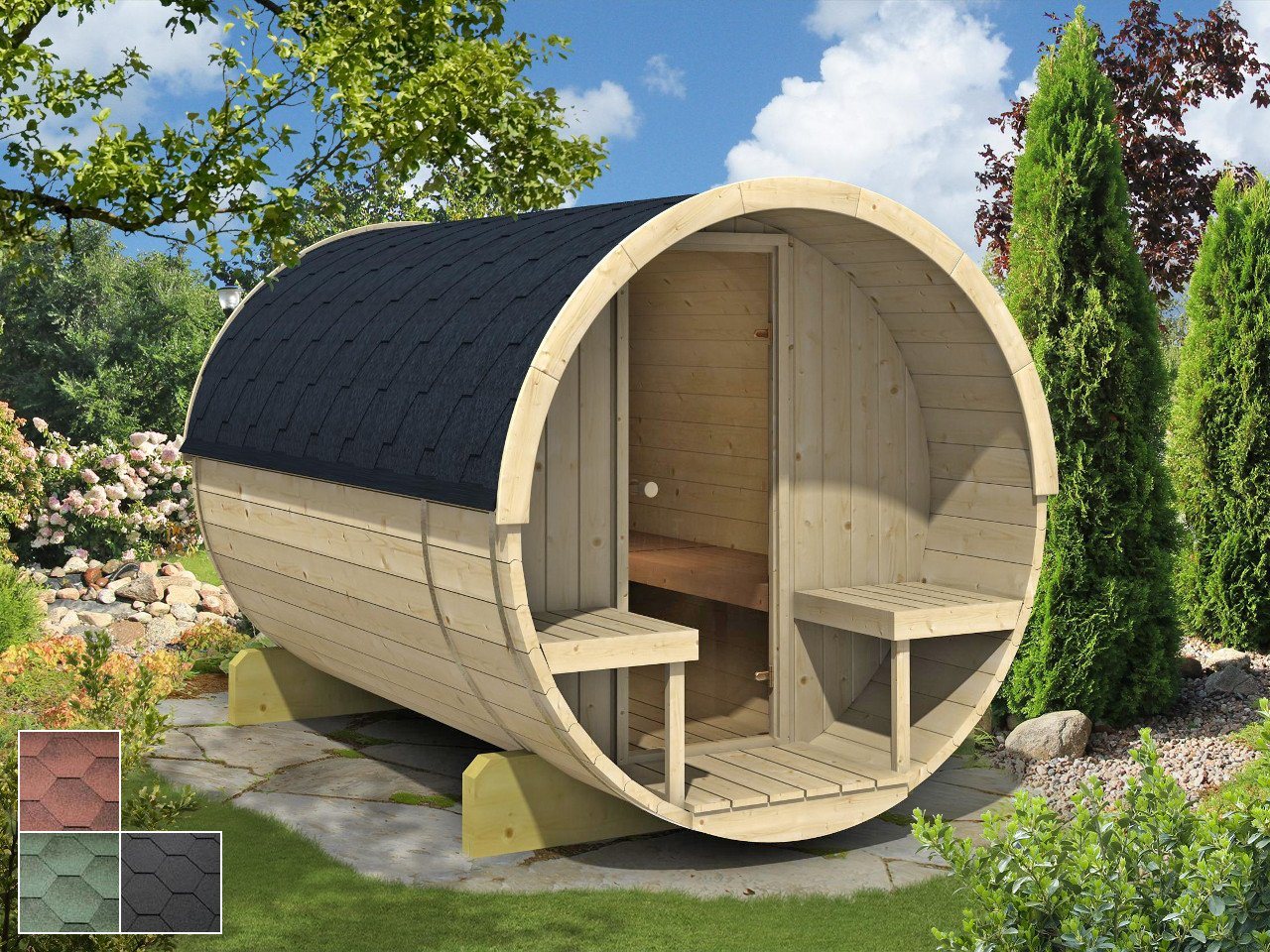 Finn Art Blockhaus Fasssauna Mika 1, Schindeln schwarz, Outdoor Gartensauna, mit Holz Ofen, Bausatz Finn Art Blockhaus Fasssauna Mika 1, Schindeln schwarz, Outdoor Gartensauna, mit Holz Ofen, Bausatz von Finn Art Blockhaus