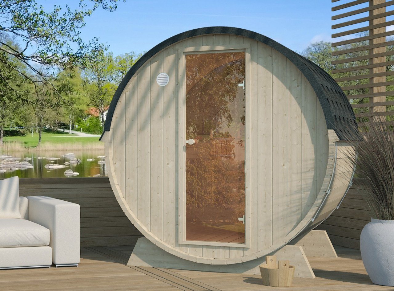 Finn Art Blockhaus Fasssauna Mogli, 42 mm, Schindeln grün, Outdoor Gartensauna, ohne Ofen, Bausatz von Finn Art Blockhaus