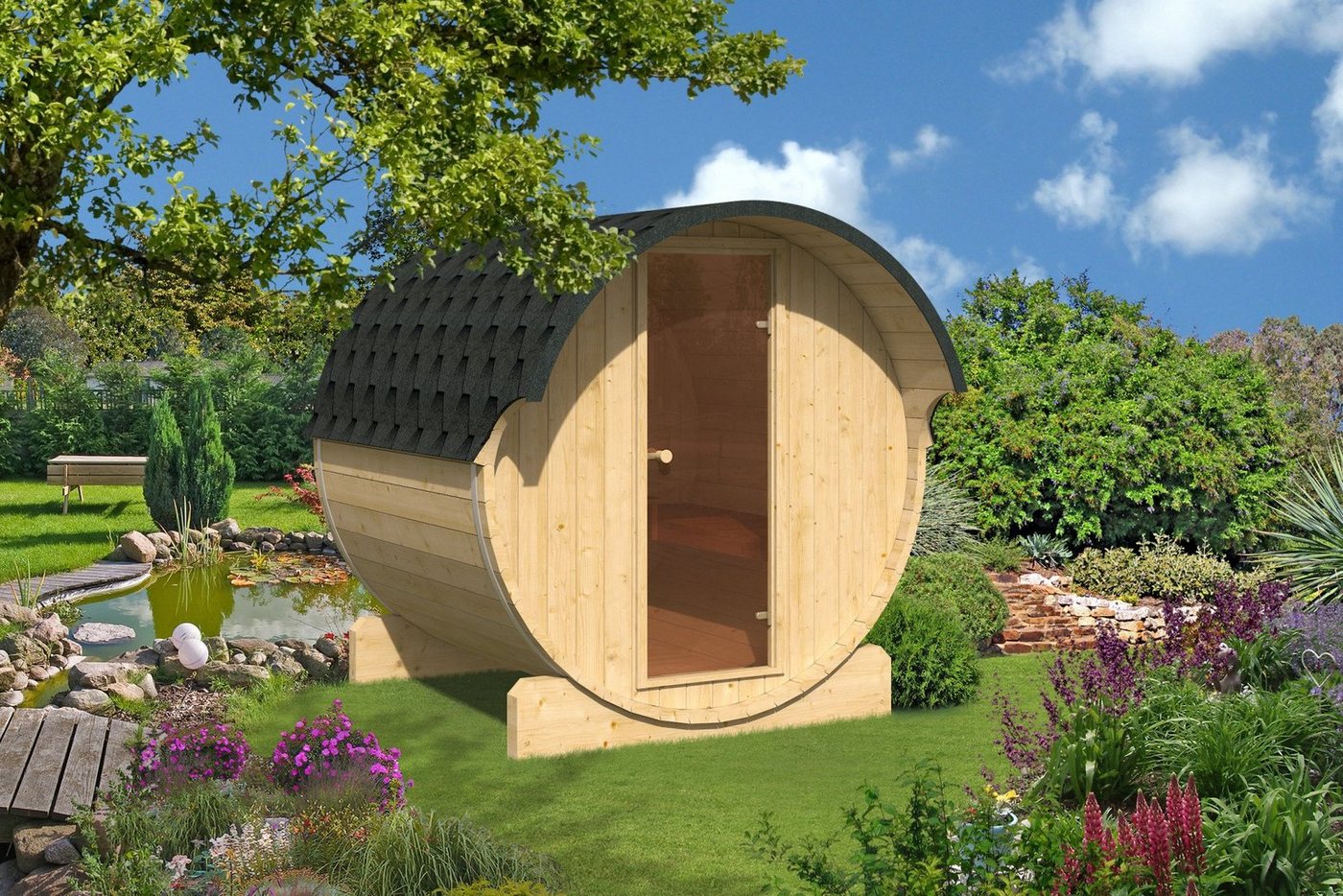 Finn Art Blockhaus Fasssauna Ove 1, 42 mm, Schindeln schwarz, Outdoor Gartensauna, mit Holz Ofen, Bausatz von Finn Art Blockhaus