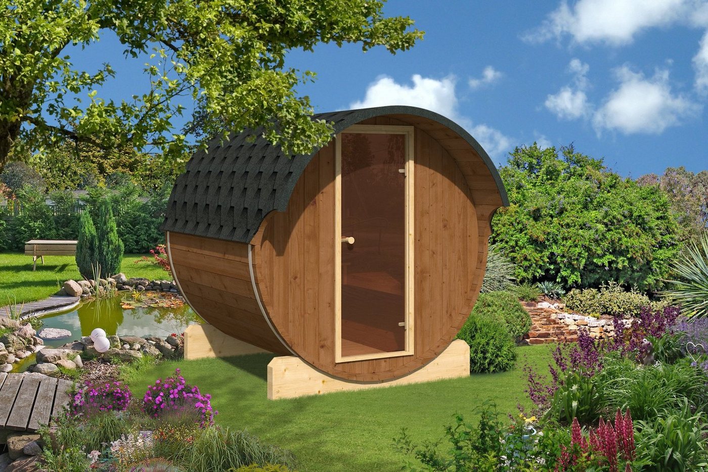 Finn Art Blockhaus Fasssauna Ove 5, 42 mm, Schindeln grün, Outdoor Gartensauna, mit Holz Ofen, Bausatz von Finn Art Blockhaus