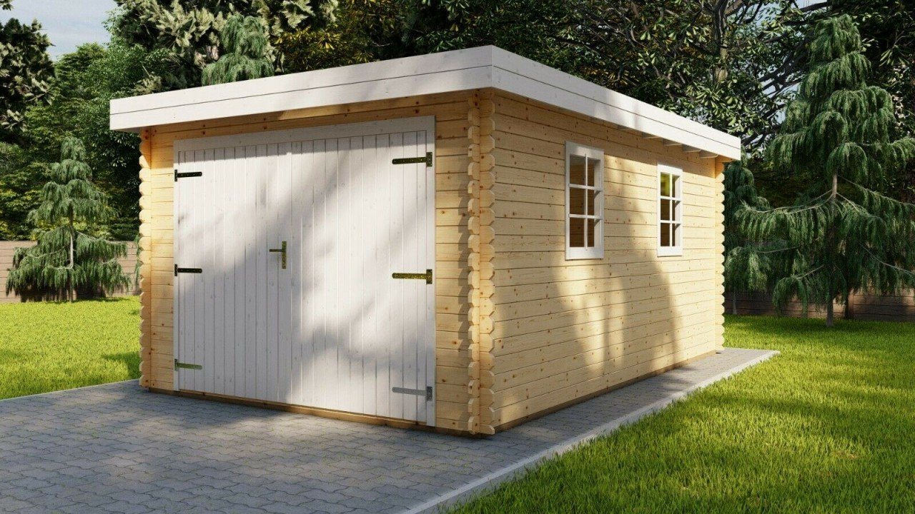 Finn Art Blockhaus Garage Holzgarage Schweden 50 mit Holztor natur, Einzelgarage aus Holz mit Premium Dachbahn von Finn Art Blockhaus