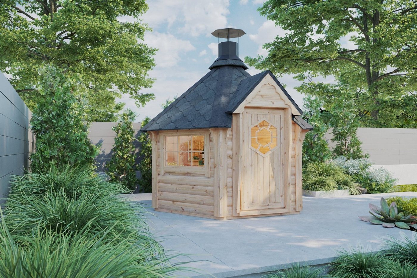 Finn Art Blockhaus Grillkota Elegance 4,5, BxT: 263x228 cm, Schindeln rot, 6-eckig, Grillhütte mit Grillanlage, max. 6 Personen Finn Art Blockhaus Grillkota Elegance 4,5, BxT: 263x228 cm, Schindeln rot, 6-eckig, Grillhütte mit Grillanlage, max. 6 Personen von Finn Art Blockhaus