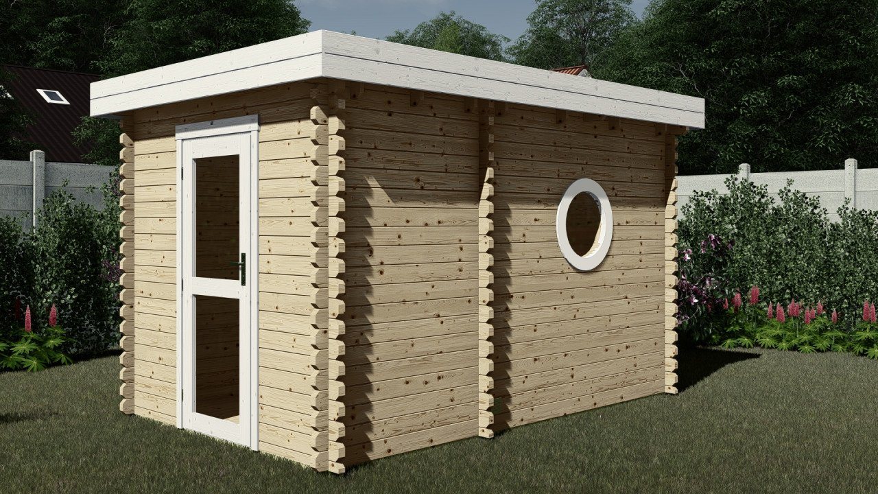 Finn Art Blockhaus Saunahaus Trontheim 1, BxTxH: 240 x 360 x 245 cm, 45 mm, Outdoor Gartensauna, mit Holz Ofen mit Vorraum von Finn Art Blockhaus