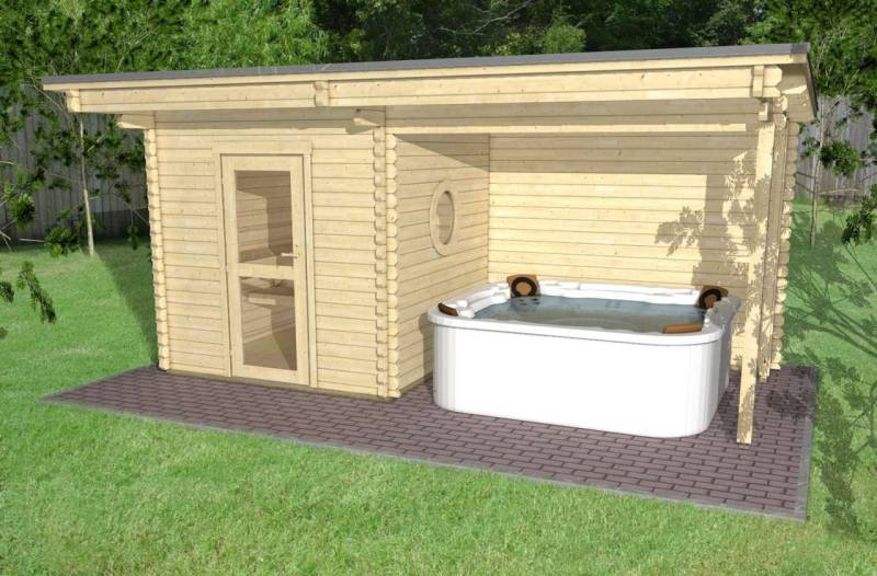 Finn Art Blockhaus Saunahaus Trontheim 2 Plus, BxTxH: 510 x 240 x 245 cm, 45 mm, Outdoor Gartensauna, mit Holz Ofen von Finn Art Blockhaus