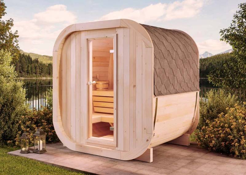 FinnTherm Fasssauna ScandiCube Mini XS, BxTxH: 210 x 160 x 214 cm, 42 mm, in Natur - Thermoholz von FinnTherm