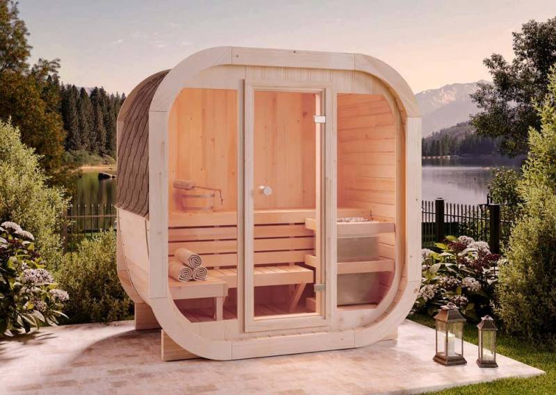 FinnTherm Fasssauna ScandiCube Mini XXS, BxTxH: 210 x 130 x 214 cm, 42 mm, in Natur - Thermoholz Mit Glasfront von FinnTherm