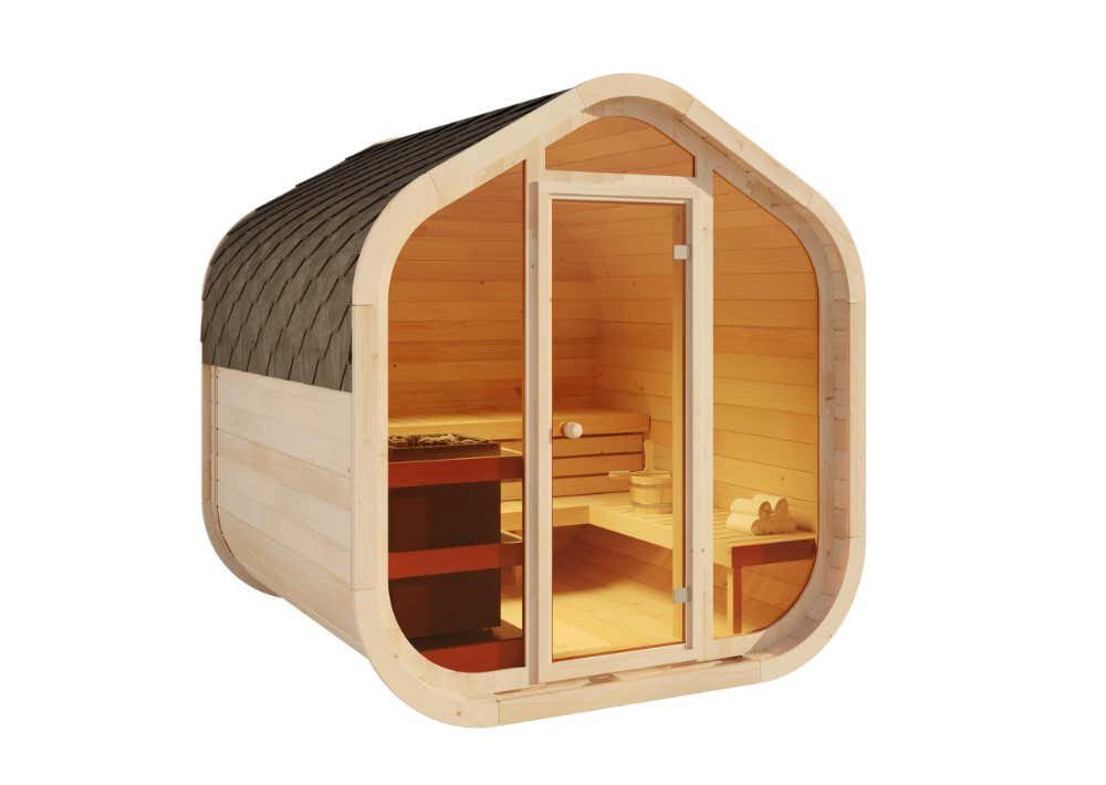 FinnTherm Fasssauna ScandiCube Wave Comfortissimo, BxTxH: 237 x 234 x 250 cm, 42 mm, in Natur - Thermoholz von FinnTherm