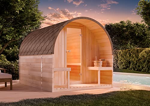FinnTherm Fasssauna aus Holz ScandiPod Premium, Outdoor-Sauna mit Terrasse, Außensauna Garten mit 42 mm Wandstärke, Saunahaus 204 x 285 x 210 cm, naturbehandelt oder Thermoholz von FinnTherm