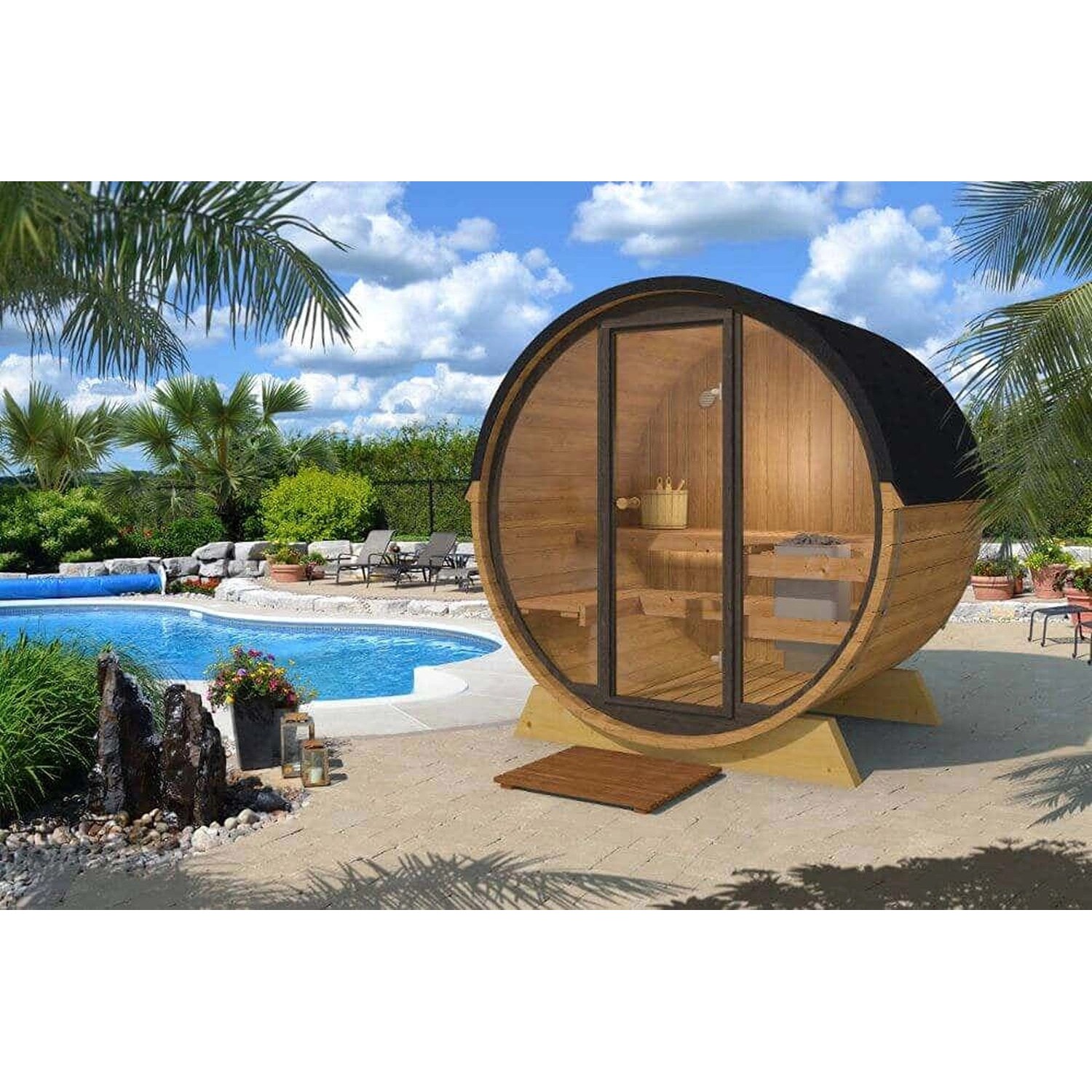 Finntherm Fasssauna Thermoholz Braun Ø 204 cm x T 160 cm Halbrund Glas Rückwand Finntherm Fasssauna Thermoholz Braun Ø 204 cm x T 160 cm Halbrund Glas Rückwand von FinnTherm