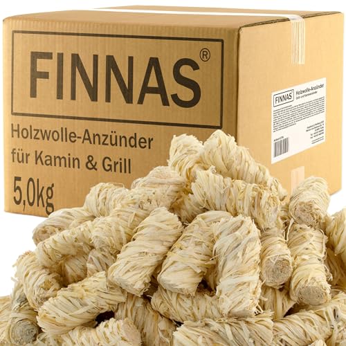 FINNAS 5 kg Premium Anzünder-Holzwolle Öko-Kaminanzünder (ca. 400 Stück) Grillanzünder Ofenanzünder aus Holz und Wachs Feueranzünder Kamin Holzanzünder Anzündwolle Ofen Kaminofen Kaminofenanzünder von Finnas