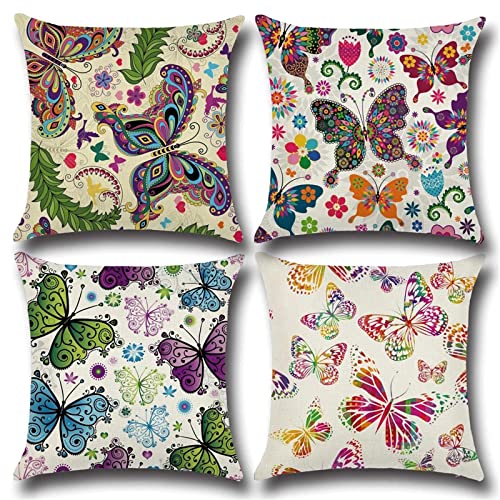 4er Set Kissenbezug 30x30cm Bunter Blumen-Schmetterling Kopfkissenbezug mit Reißverschluss, Superweicher Premium und Gemütlich soft Kissenbezüge mit Motiv für Sofa Wohnzimmer Dekorative kissen set von Finnoon