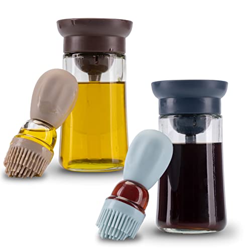 Fino Casa 2er Set, 2in1 Ölflasche mit Pinsel, Ölspender, Ölsprüher mit Silikonpinsel, Glasflasche zum befüllen mit 180ml Öl oder Essig mit Backpinsel (2er Set: 1x Blau & 1x Beige) von Fino Casa